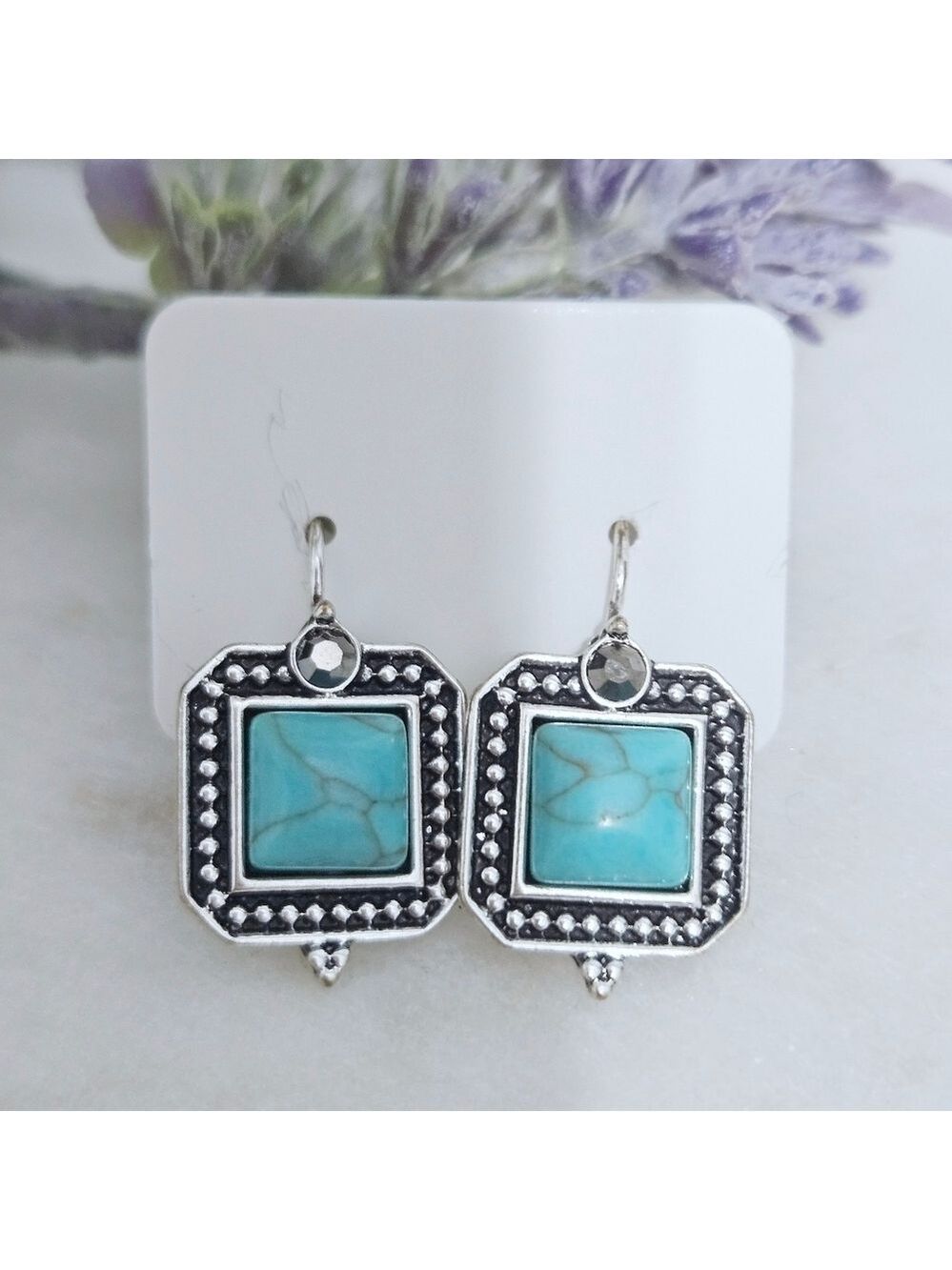 Turquoise Silver Square Dangle Earrings